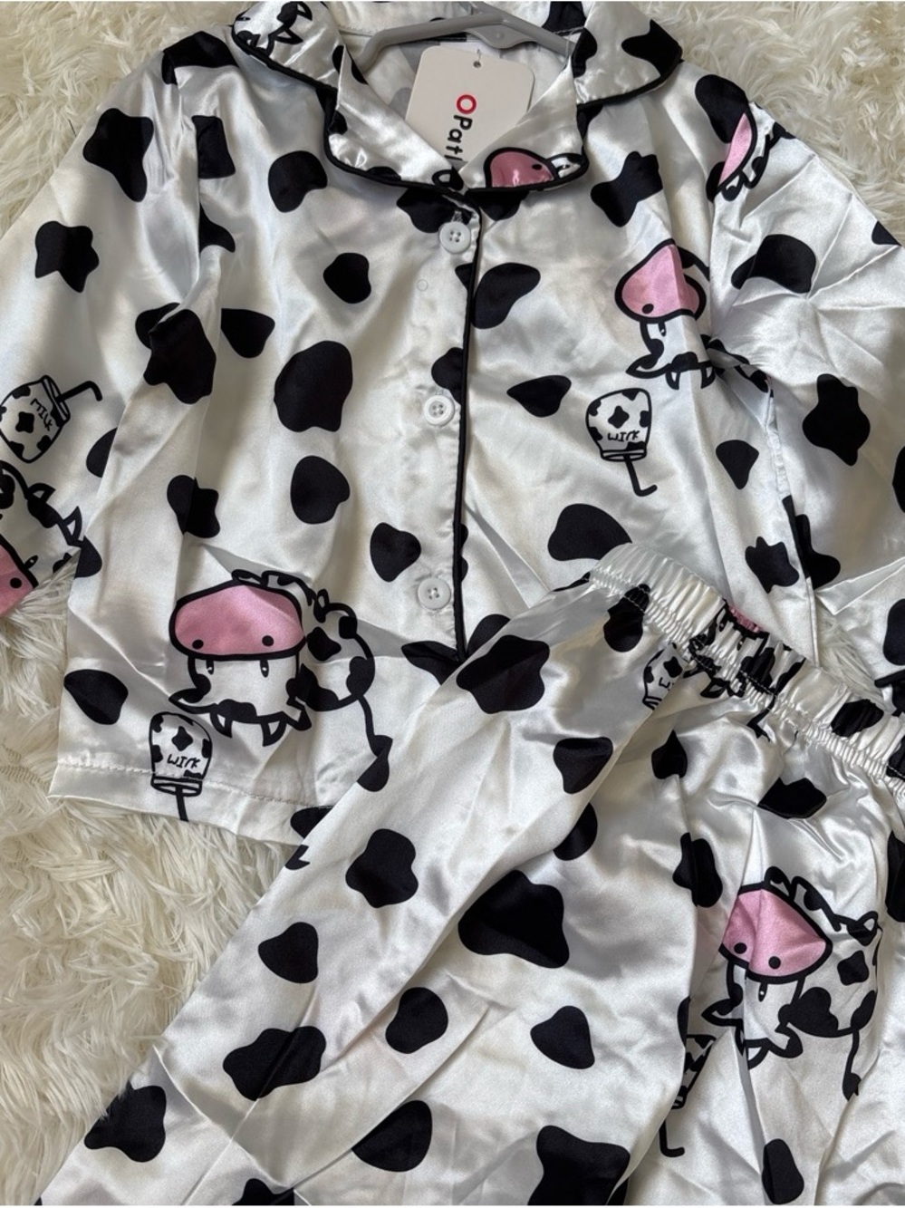 Kids Satin Cow-Print Pajama Set in White & Black with Pink Accents